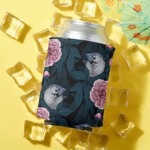 Birds and pink peony flowers with leaves can cooler