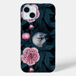 Birds and pink peony flowers with leaves iPhone 15 mini case