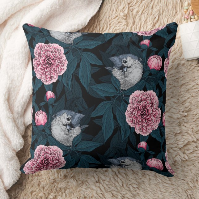 Birds and pink peony flowers with leaves cushion (Blanket)