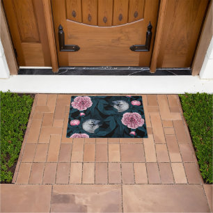 Birds and pink peony flowers with leaves doormat