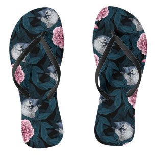 Birds and pink peony flowers with leaves jandals