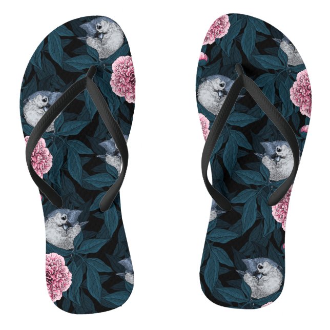 Birds and pink peony flowers with leaves jandals (Footbed)