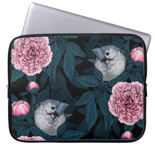 Birds and pink peony flowers with leaves laptop sleeve