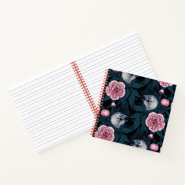 Birds and pink peony flowers with leaves notebook (Inside)