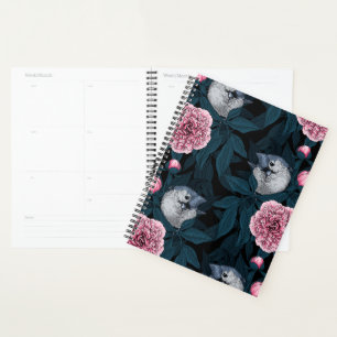 Birds and pink peony flowers with leaves planner