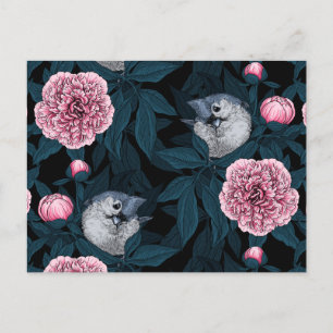 Birds and pink peony flowers with leaves postcard
