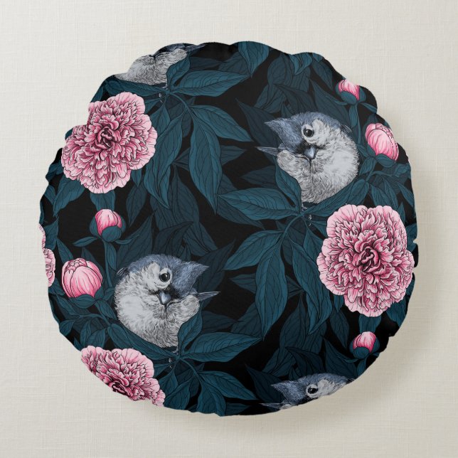 Birds and pink peony flowers with leaves round cushion (Front)