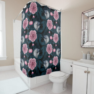 Birds and pink peony flowers with leaves shower curtain