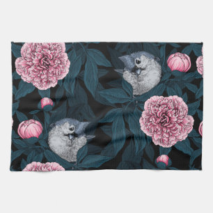 Birds and pink peony flowers with leaves tea towel