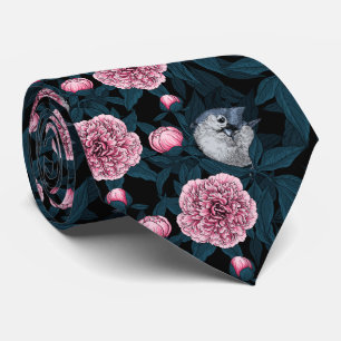 Birds and pink peony flowers with leaves tie