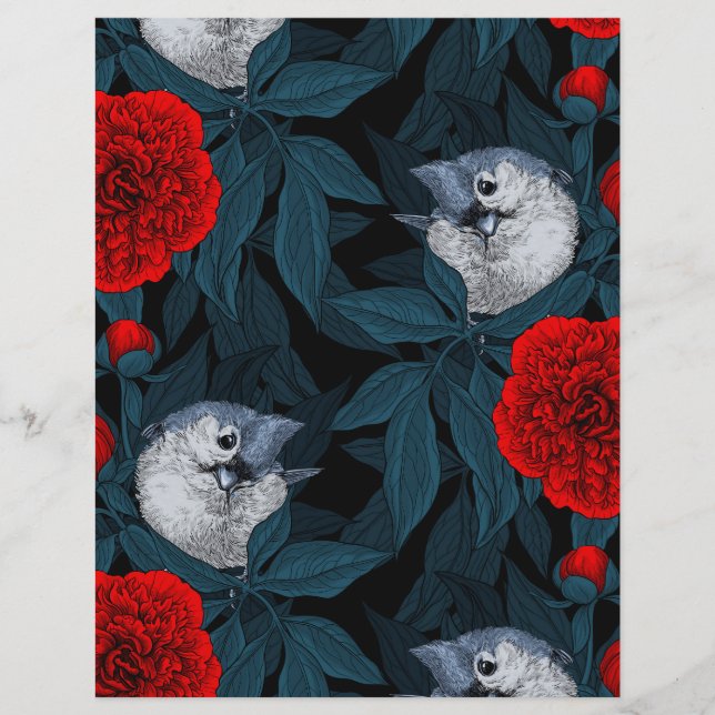 Birds and red peony flowers with blue leaves (Front)