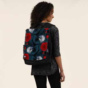 Birds and red peony flowers with blue leaves backpack