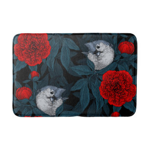Birds and red peony flowers with blue leaves bath mat