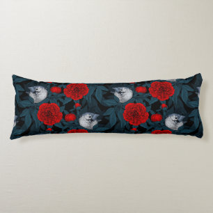 Birds and red peony flowers with blue leaves body cushion