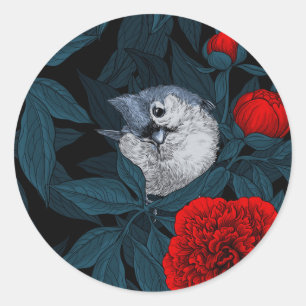 Birds and red peony flowers with blue leaves classic round sticker
