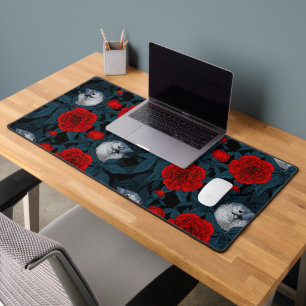 Birds and red peony flowers with blue leaves desk mat