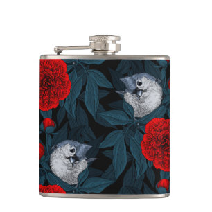 Birds and red peony flowers with blue leaves hip flask