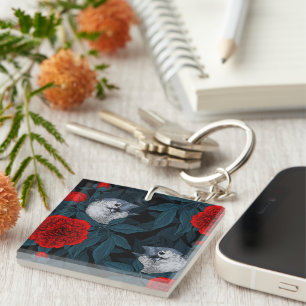 Birds and red peony flowers with blue leaves key ring