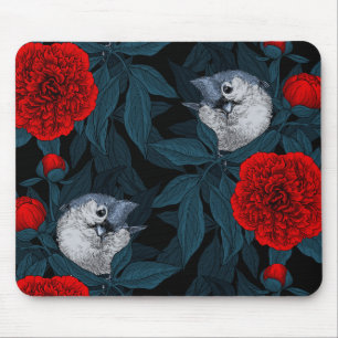 Birds and red peony flowers with blue leaves mouse pad