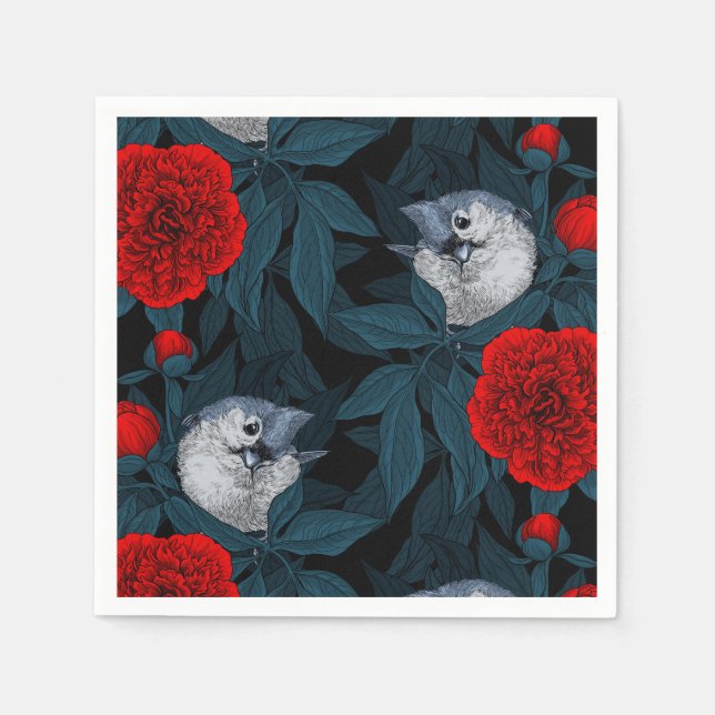 Birds and red peony flowers with blue leaves napkin (Front)