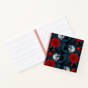 Birds and red peony flowers with blue leaves notebook
