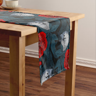 Birds and red peony flowers with blue leaves short table runner