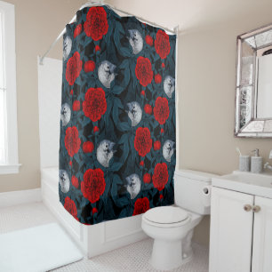 Birds and red peony flowers with blue leaves shower curtain
