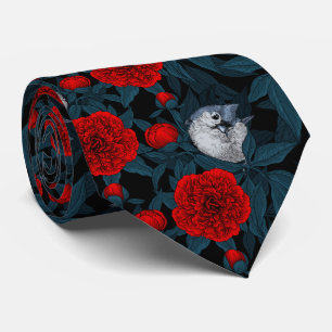 Birds and red peony flowers with blue leaves tie