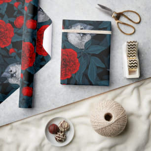 Birds and red peony flowers with blue leaves wrapping paper