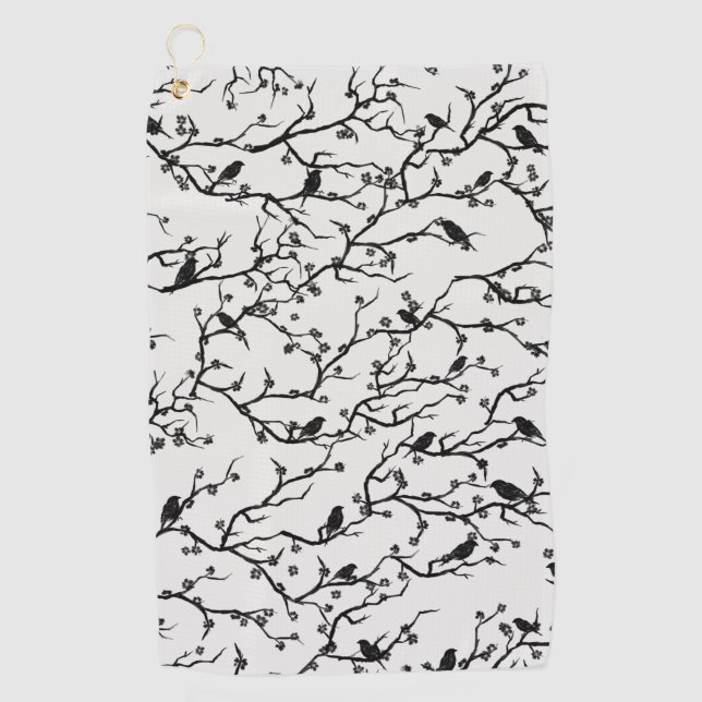 Birds and Sakura Branches Japanese Painting Golf Towel (Front)