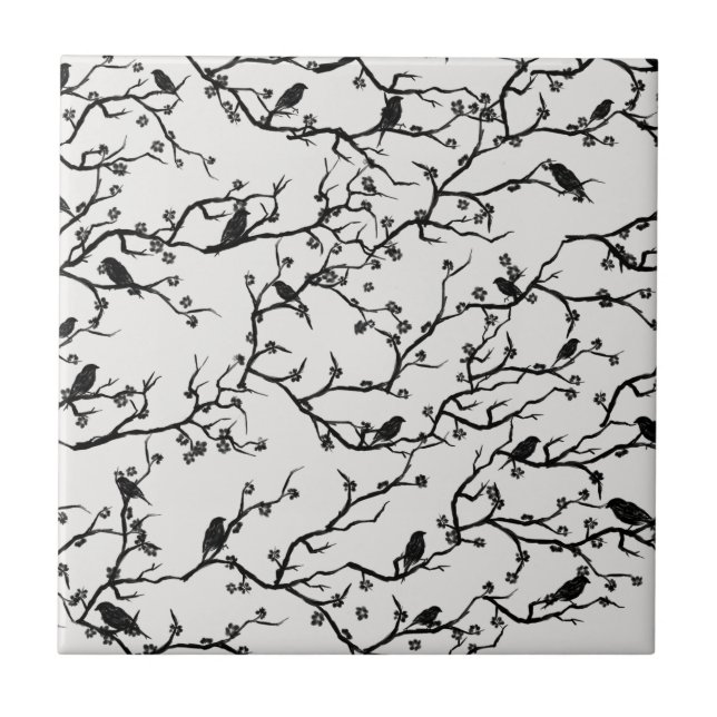 Birds and Sakura Branches Japanese Painting Tile (Front)