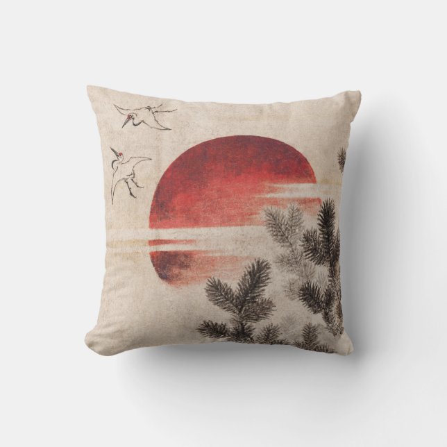 Birds and Sunset by Katsushika Hokusai Cushion (Front)