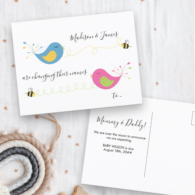 Birds and the Bees Changing Names Pregnancy Announcement Postcard (Creator Uploaded)