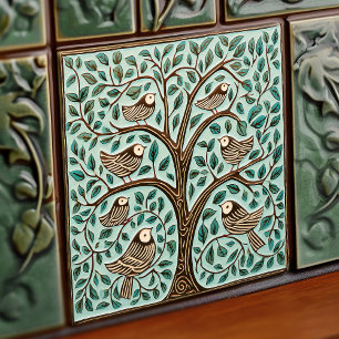 Birds and Tree of Life Sage Green Art Nouveau Tile