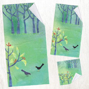 Birds and Trees Landscape Art Bath Towel Set