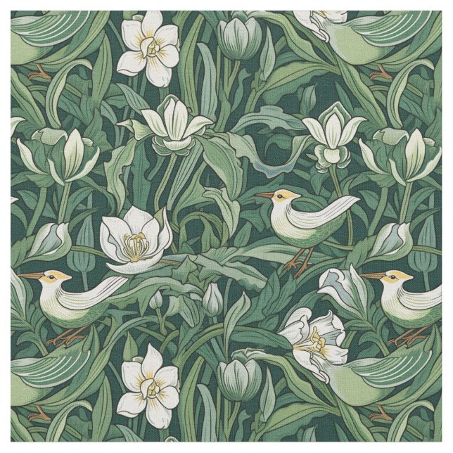 Birds and Tulips Green Art Nouveau Fabric (Close Up)