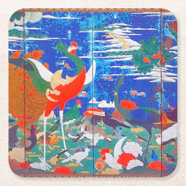 Birds, Animals, and Flowering Plants(Left) Jakuchū Square Paper Coaster (Front)
