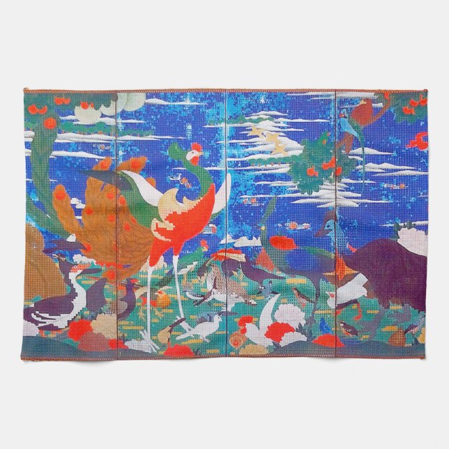 Birds, Animals, & Flowering Plants (Left) Jakuchū Tea Towel (Horizontal)