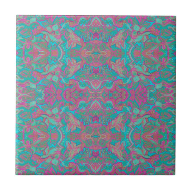 Birds Arabesque Bohemian Boho Turquoise Pattern Tile (Front)