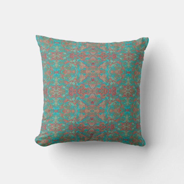 Birds Arabesque Bohemian Boho Turquoise Red Green Cushion (Front)