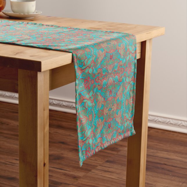Birds Arabesque Bohemian Boho Turquoise Red Green Short Table Runner (In Situ)