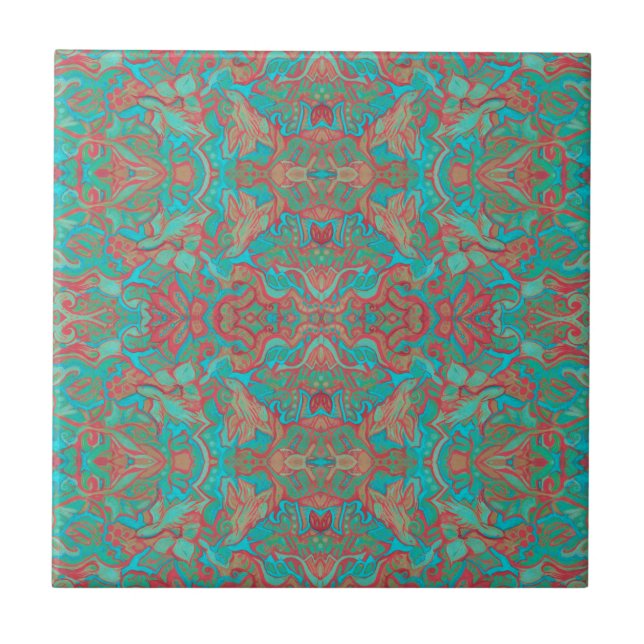 Birds Arabesque Bohemian Boho Turquoise Red Green Tile (Front)