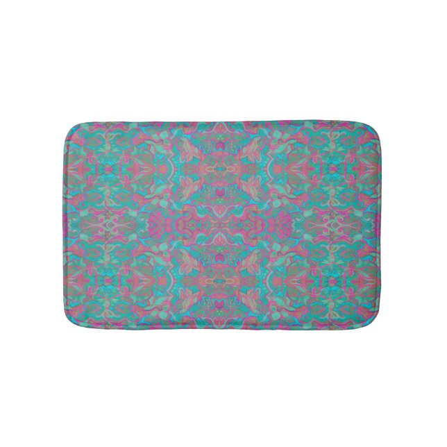 Birds Arabesque Bohemian Pattern Turquoise Pink Bath Mat (Front)