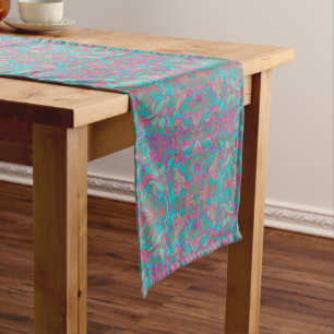 Birds Arabesque Bohemian Pattern Turquoise Pink Short Table Runner