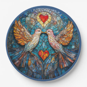 Birds Artistic Mosaic and Hearts Displaying Love Paper Plate