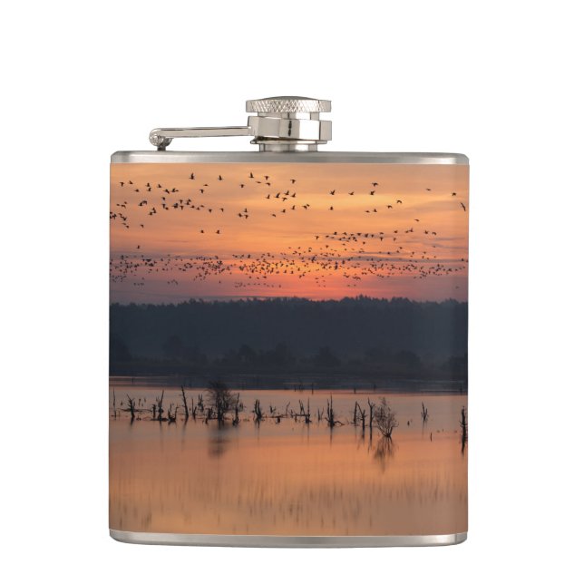 Birds at sunrise hip flask (Front)