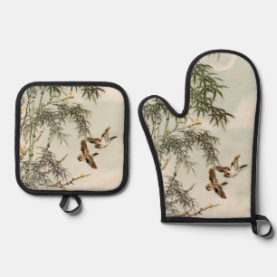 Birds Bamboo Asian Japanese Vintage Oven Mitt & Pot Holder Set