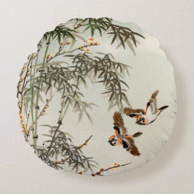 Birds Bamboo Asian Japanese Vintage Round Cushion (Front)