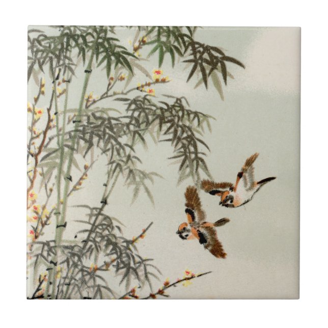 Birds Bamboo Asian Japanese Vintage Tile (Front)
