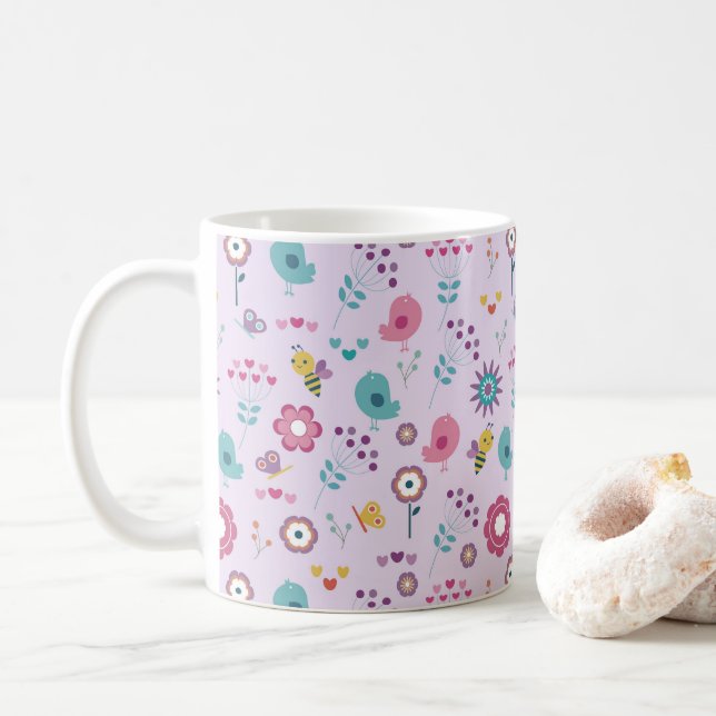 Birds, Bees, and Butterflies Floral Coffee Mug (With Donut)